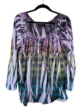 B.L.E.U. Lavender Purple Y2K 90's Beaded Neck Babydoll Floral Top Size XL